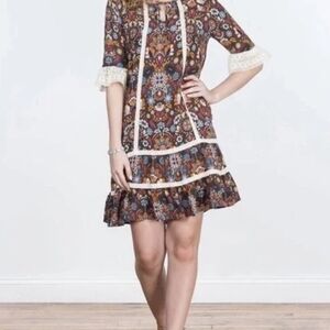 Matilda Jane Boho Floral Mini Dress in Brown and Blue